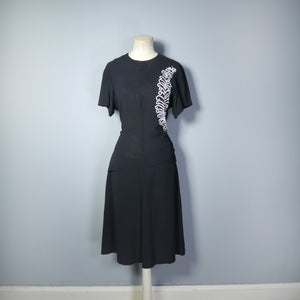 40s BLACK RAYON DRESS WITH WHITE SEQUIN FEATHER EMBELLISHMENT - M