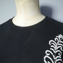 Load image into Gallery viewer, 40s BLACK RAYON DRESS WITH WHITE SEQUIN FEATHER EMBELLISHMENT - M