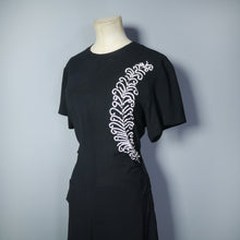 Load image into Gallery viewer, 40s BLACK RAYON DRESS WITH WHITE SEQUIN FEATHER EMBELLISHMENT - M