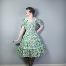 Load image into Gallery viewer, 50s GREEN FLORAL CHECK DRESS WITH TIERED FULL SKIRT AND VELVET RIBBON LACE TRIM - S