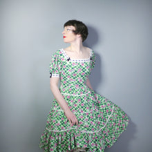 Load image into Gallery viewer, 50s GREEN FLORAL CHECK DRESS WITH TIERED FULL SKIRT AND VELVET RIBBON LACE TRIM - S