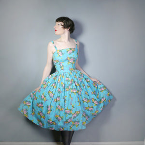 50s TURQUOISE FRUIT MELON AND GRAPES PRINT SUN DRESS - XS