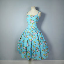 Load image into Gallery viewer, 50s TURQUOISE FRUIT MELON AND GRAPES PRINT SUN DRESS - XS