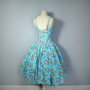 50s TURQUOISE FRUIT MELON AND GRAPES PRINT SUN DRESS - XS