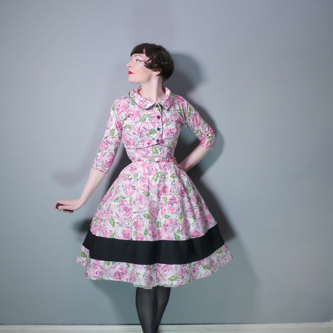 50s PEGGY PAGE PINK PAINTERLY ROSE FLORAL DRESS AND BOLERO - XS-S