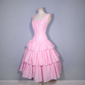 50s 60s PASTELLY PINK TIERED RUFFLE FULL SKIRTED DRESS - XS