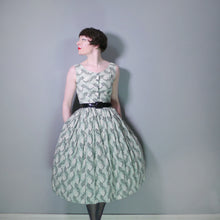 Load image into Gallery viewer, EARLY 50s PALE GREEN PRINTED MIDI DRESS - S / PETITE FIT