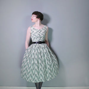 EARLY 50s PALE GREEN PRINTED MIDI DRESS - S / PETITE FIT