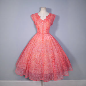 50s RED SHEER FULL SKIRTED DRESS WITH FLOCKED BOW AND FLORAL PRINT -