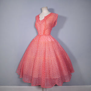 50s RED SHEER FULL SKIRTED DRESS WITH FLOCKED BOW AND FLORAL PRINT -