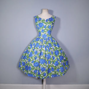 50s VIBRANT BLUE ROSE PRINT FULL SKIRTED DRESS WITH MATCHING JACKET - S / petite fit