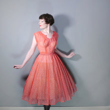 Load image into Gallery viewer, 50s RED SHEER FULL SKIRTED DRESS WITH FLOCKED BOW AND FLORAL PRINT -