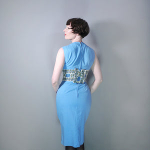 50s 60s PECK AND PECK LIGHT BLUE WIGGLE DRESS WITH FLORAL WAIST - S