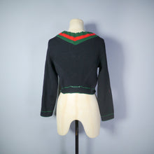 Load image into Gallery viewer, 60s 70s BLACK GREEN AND RED COLOURBLOCK CROPPED BAVARIAN / FOLK CARDIGAN - XS-S