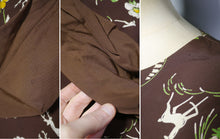 Load image into Gallery viewer, 40s NOVELTY DEER AND FLOWER PRINT BROWN RAYON DRESS - S