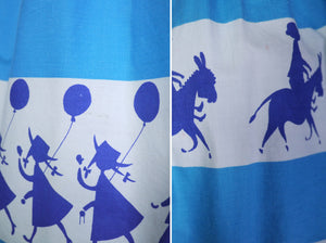 50s ST MICHAEL NOVELTY SKIRT IN BLUE STRIPE PRINT WITH GREETING BOYS AND GIRLS - XS-S