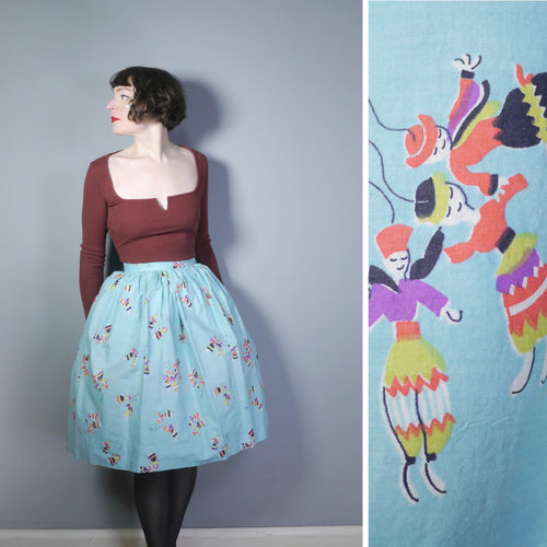 50s HANDMADE NOVELTY SKIRT IN PASTEL BLUE WITH RUSSIAN DOLL PRINT - 26