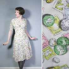 Load image into Gallery viewer, STAMP AND COIN PRINT NOVELTY FIT AND FLARE 40s DAY DRESS - XS-S