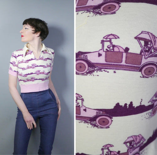 PINK AND CREAM 70s ART DECO NOVELTY AUTOMOBILE PRIN COLLARED TOP - XS-S