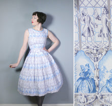 Load image into Gallery viewer, 50s PALE BLUE NOVELTY DRESS IN ROMANTIC LADY AND COURTIER PRINT - XS-S